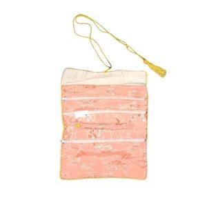 Floral Jacquard Silk Coral Peach Jewelry Travel Organizer Storage Roll Bag NWT